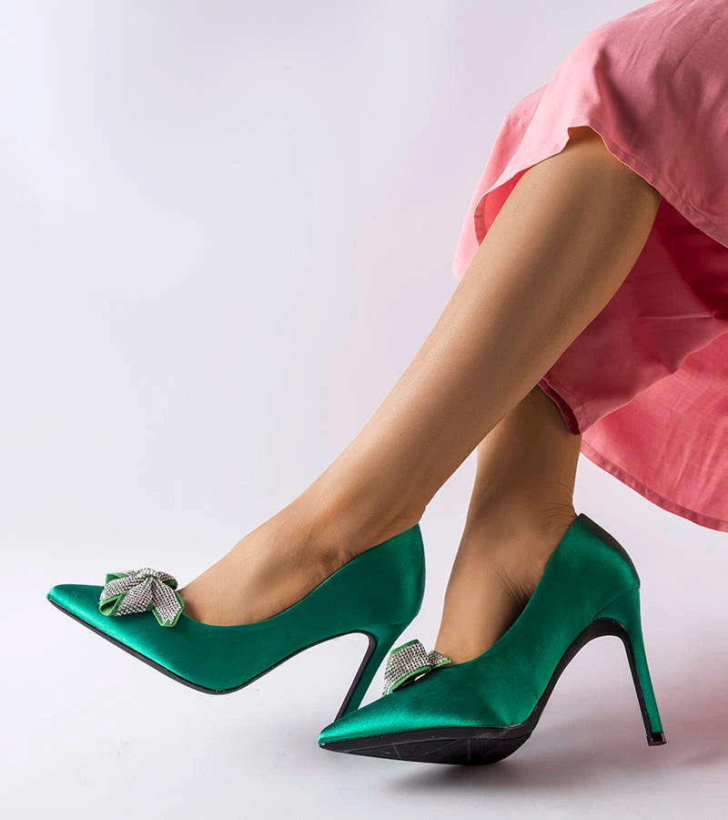 3-Zelené saténové jehlové podpatky s mašlí Mia-3