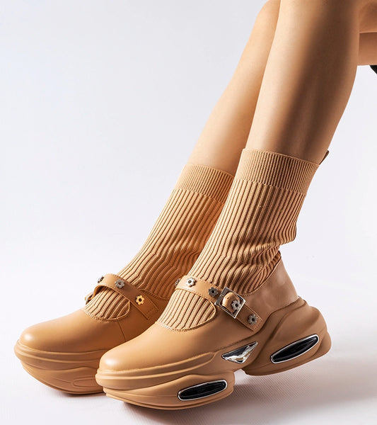 2-Bežové kotníčkové boty s ponožkovým svrškem Ivana-2