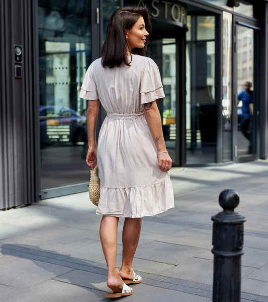 2-Bežové midi šaty s páskem Sagasa-2