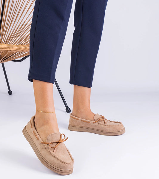 2-Béžové dámské mokasíny z ekosemiše s mašlí Sarina-2