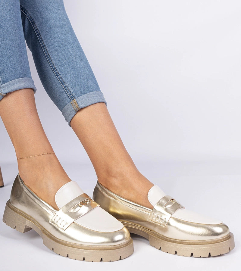 4-Zlaté dámské mokasíny s bílou vsadkou Sugetti-4