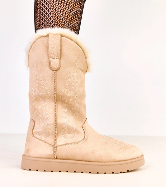 2-Béžové sněhule s výšivkou na holeni Darena-2