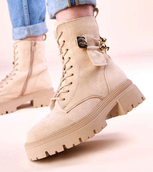 2-Béžové dámské trapery se zlatým medvídkem Messey-2