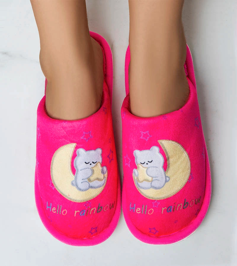 2-Neonově růžové měkké pantofle Rainbow moon-2