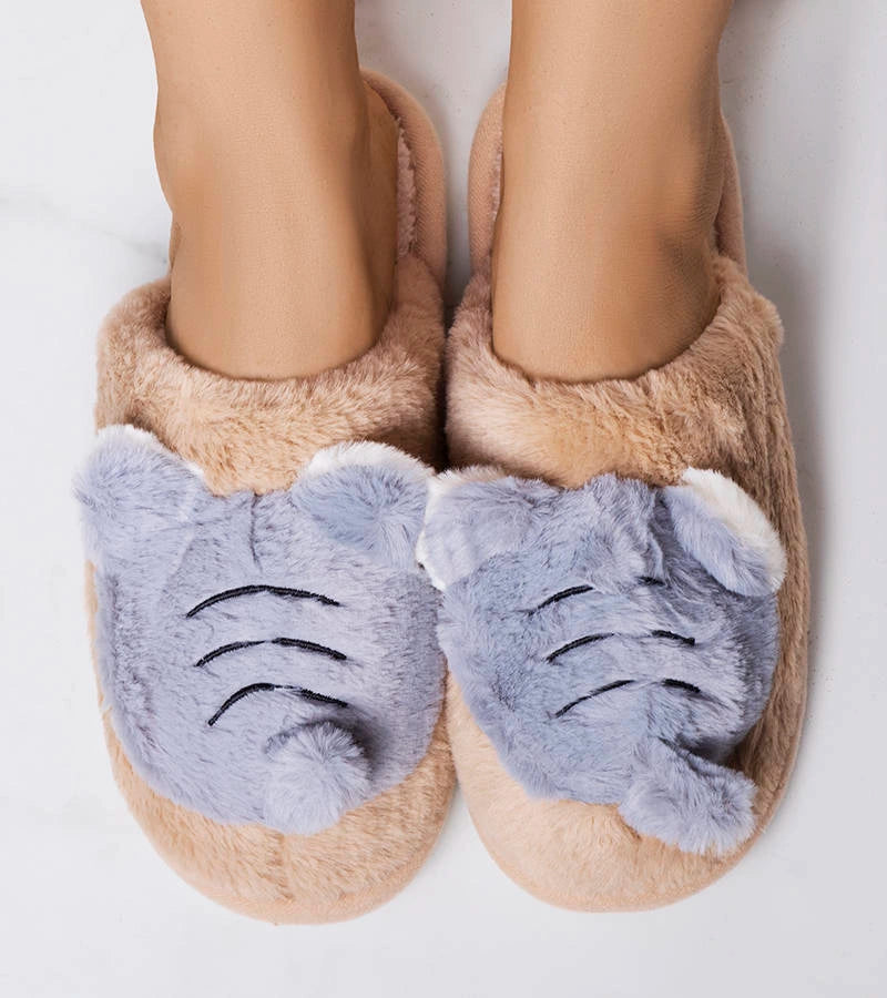 2-Béžové a šedé měkké pantofle Bee-2