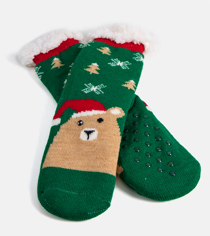 2-Zelené zateplené ponožky s medvídkem Challi-2