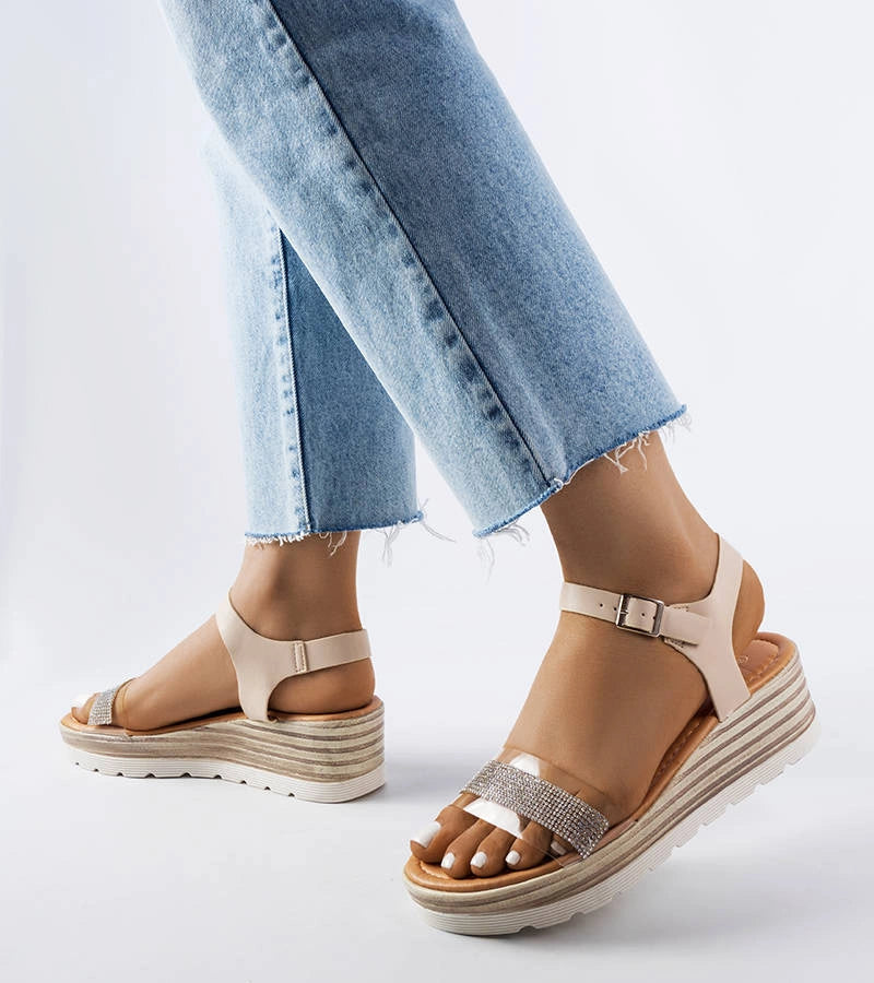 2-Béžové sandály Bussière na platformě a podpatku-2