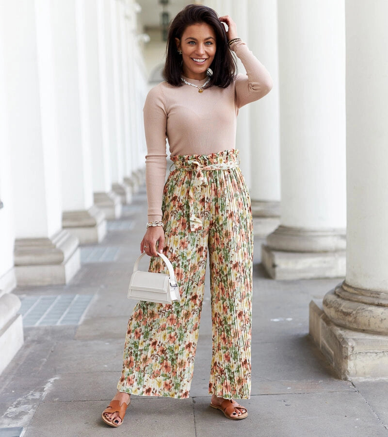 3-Béžové dámské široké plisované kalhoty Sammira-3