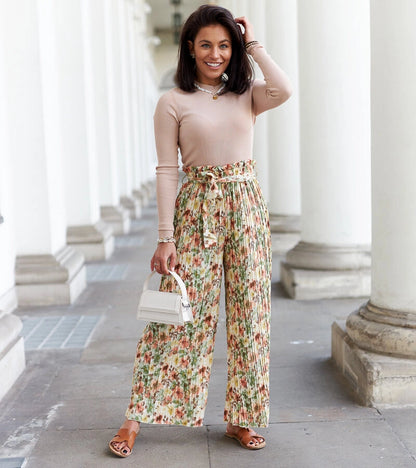 3-Béžové dámské široké plisované kalhoty Sammira-3