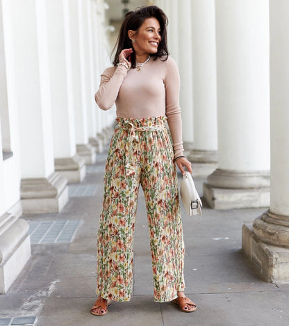 1-Béžové dámské široké plisované kalhoty Sammira-1