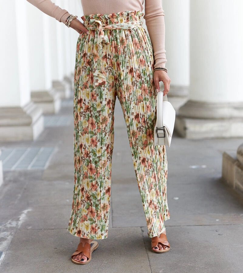 4-Béžové dámské široké plisované kalhoty Sammira-4