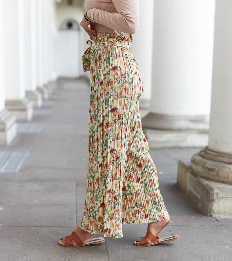 5-Béžové dámské široké plisované kalhoty Sammira-5