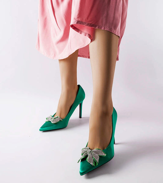 2-Zelené saténové jehlové podpatky s mašlí Mia-2