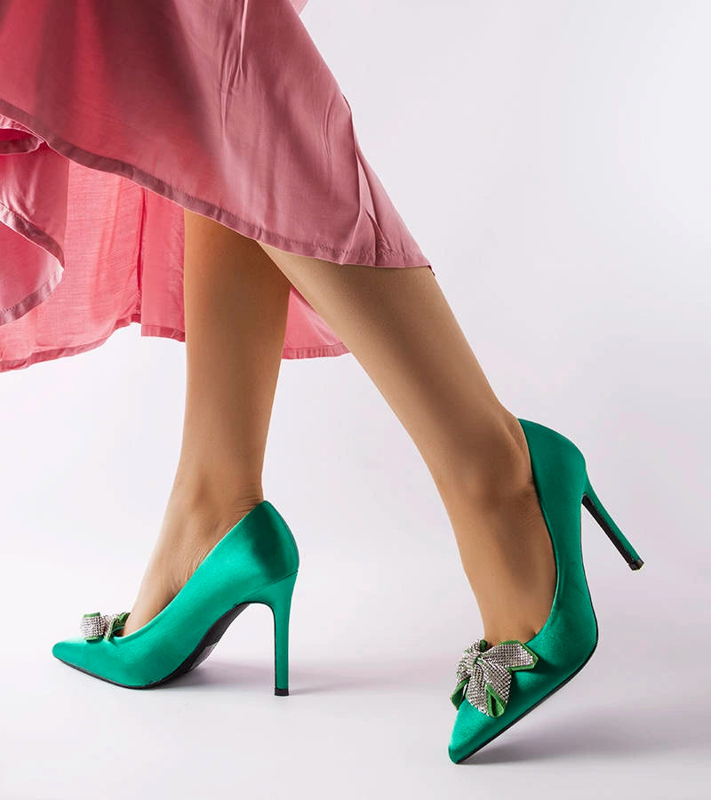 1-Zelené saténové jehlové podpatky s mašlí Mia-1