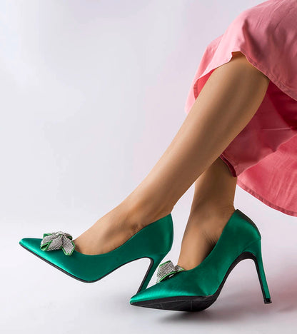 3-Zelené saténové jehlové podpatky s mašlí Mia-3