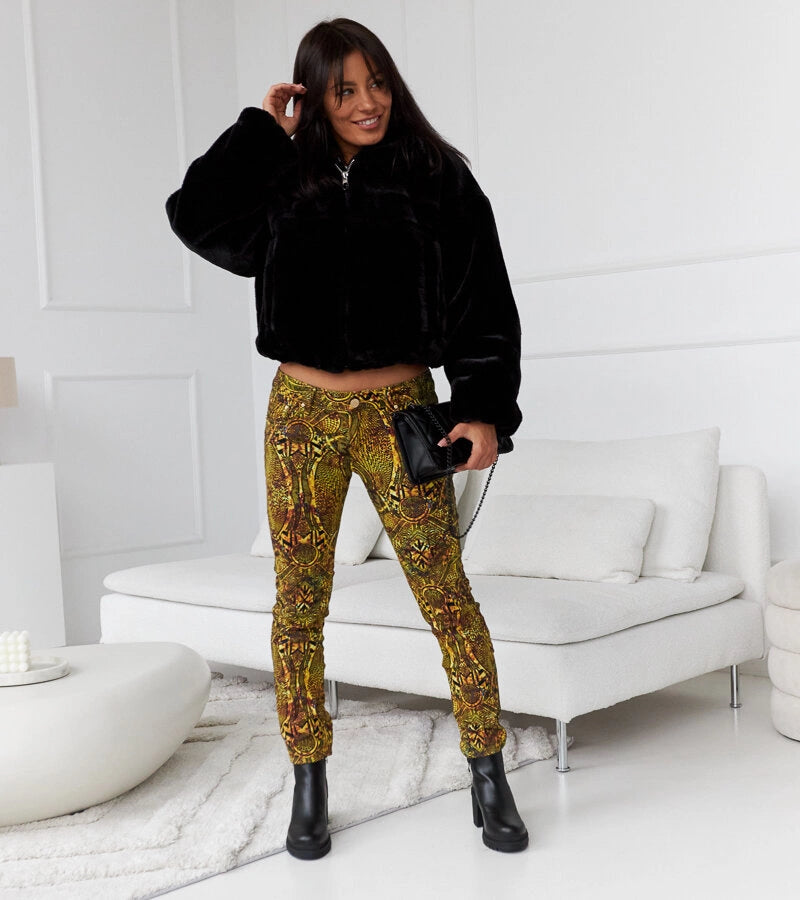 1-Zeleno-žluté slim kalhoty s vysokým pasem Eglantinere RE-380-1