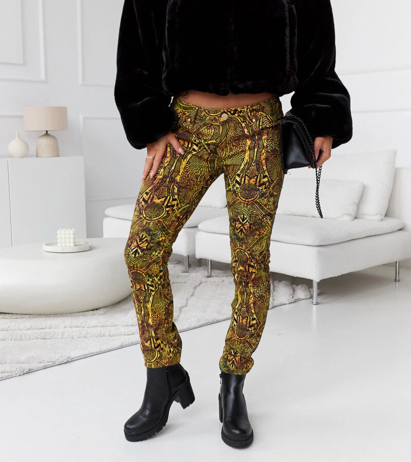 2-Zeleno-žluté slim kalhoty s vysokým pasem Eglantinere RE-380-2