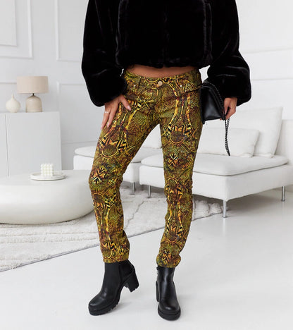 2-Zeleno-žluté slim kalhoty s vysokým pasem Eglantinere RE-380-2