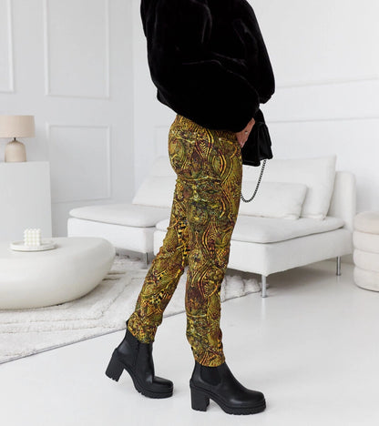 3-Zeleno-žluté slim kalhoty s vysokým pasem Eglantinere RE-380-3