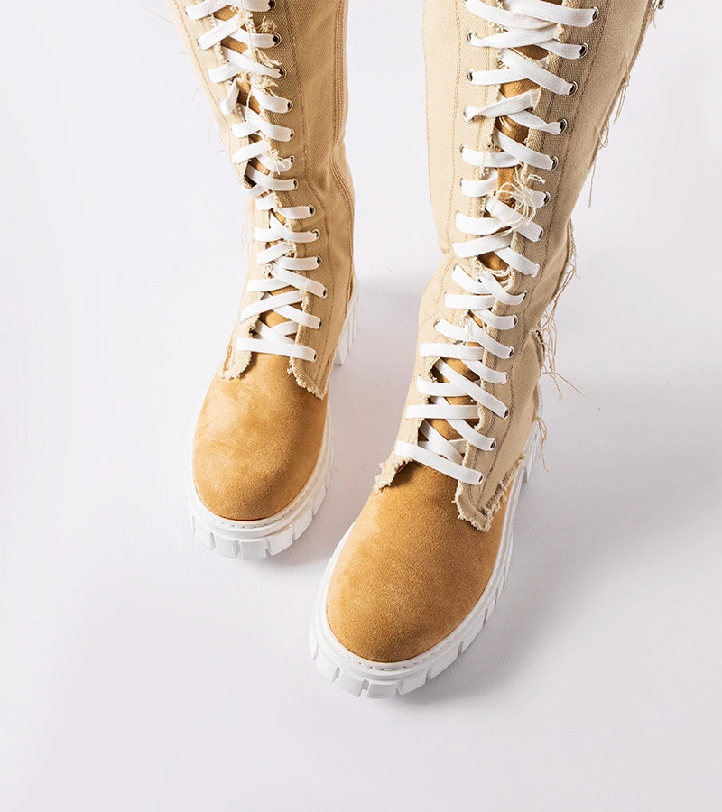 2-Bežcové materiálové zateplené kozačky Palmer-2