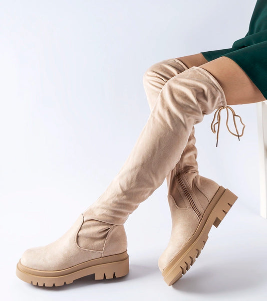 1-Bezové zateplené kozačky nad koleno Bardin LH891 BEIGE-1