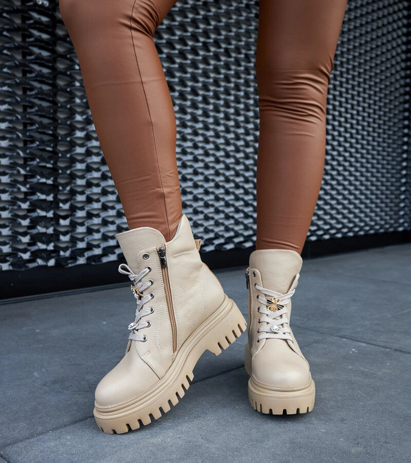 4-Bežové kožené zateplené botky Karino-4