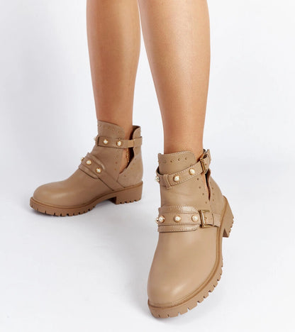 4-Bežové kotníčkové boty s výřezem a perličkami Asker-4