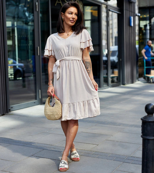 1-Bežové midi šaty s páskem Sagasa-1