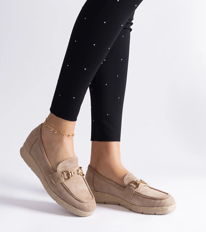 5-Béžové dámské děrované mokasíny z eko semiše Sandoval-5