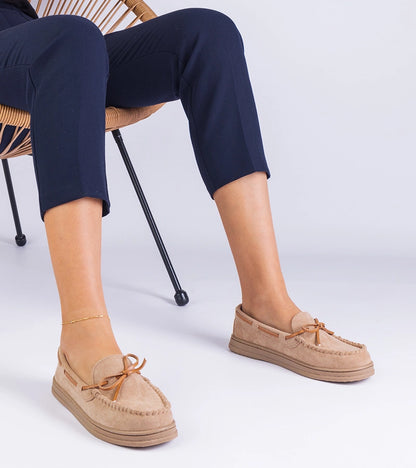 3-Béžové dámské mokasíny z ekosemiše s mašlí Sarina-3