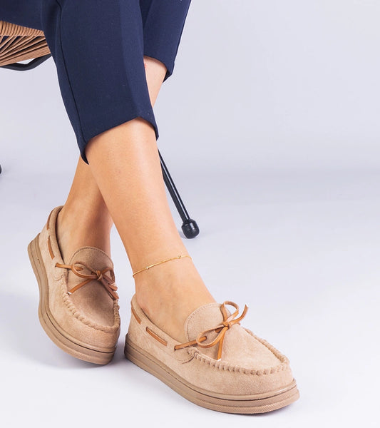 1-Béžové dámské mokasíny z ekosemiše s mašlí Sarina-1