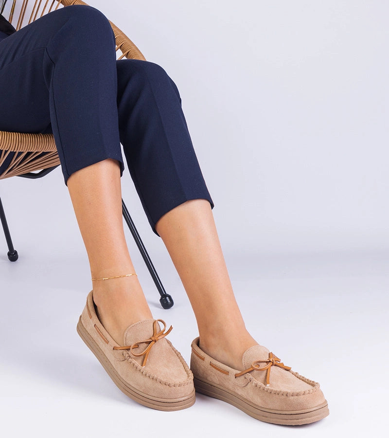 4-Béžové dámské mokasíny z ekosemiše s mašlí Sarina-4