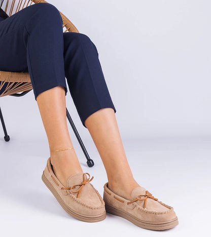 4-Béžové dámské mokasíny z ekosemiše s mašlí Sarina-4
