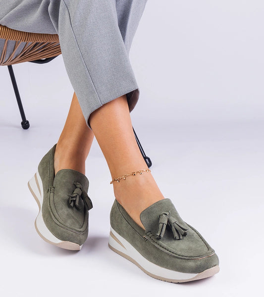 1-Zelené dámské mokasíny na platformě se zdobením Selerina-1