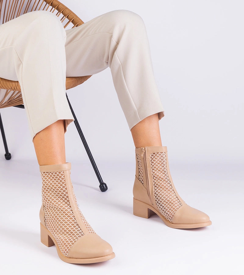 3-Béžové síťované kotníkové boty na podpatku Melarka-3
