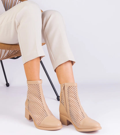4-Béžové síťované kotníkové boty na podpatku Melarka-4