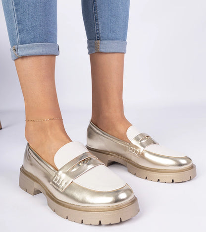 3-Zlaté dámské mokasíny s bílou vsadkou Sugetti-3