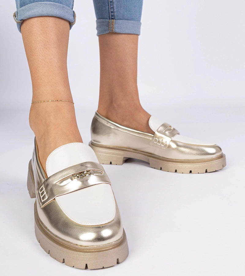 1-Zlaté dámské mokasíny s bílou vsadkou Sugetti-1