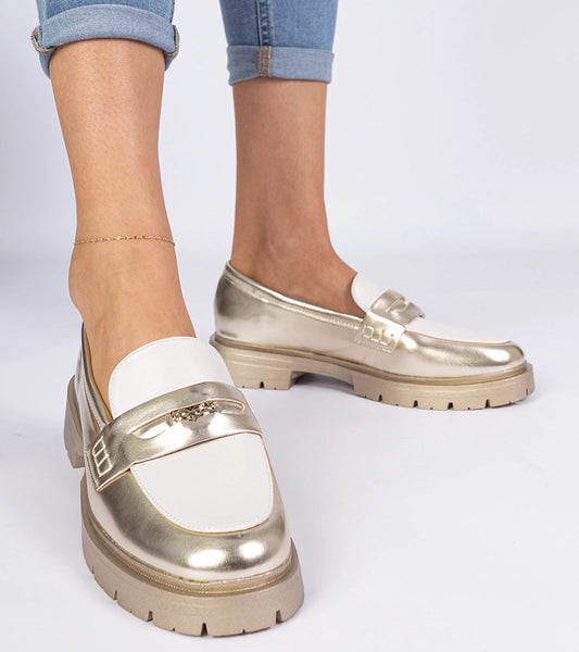 1-Zlaté dámské mokasíny s bílou vsadkou Sugetti-1