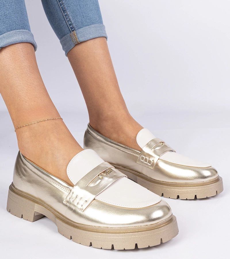 2-Zlaté dámské mokasíny s bílou vsadkou Sugetti-2