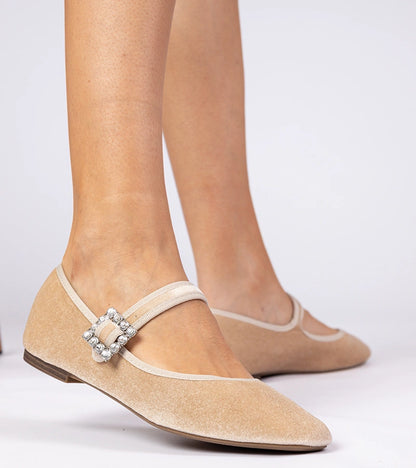 4-Béžové dámské semišové baleríny s přezkou Kvitta-4