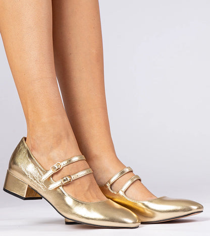 1-Zlaté dámské lodičky na podpatku s přezkami Demara-1