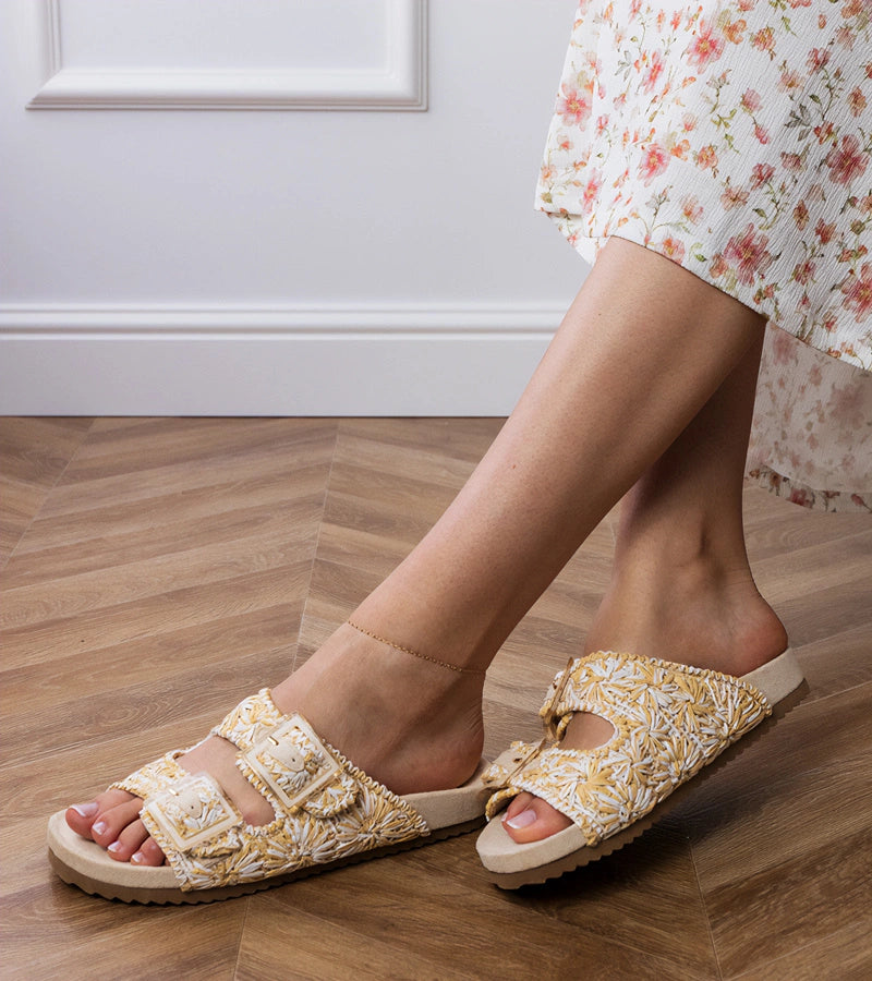 3-Béžové háčkované pantofle s přezkami na páscích Firada-3