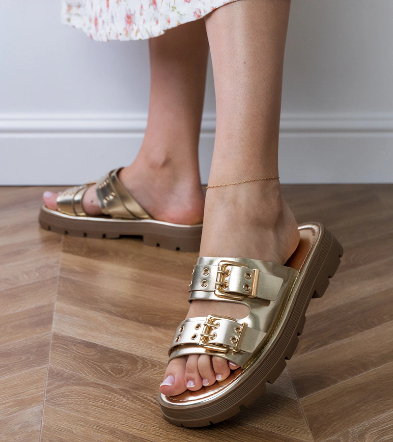 6-Zlaté pantofle s přezkami na páscích Liluna-6