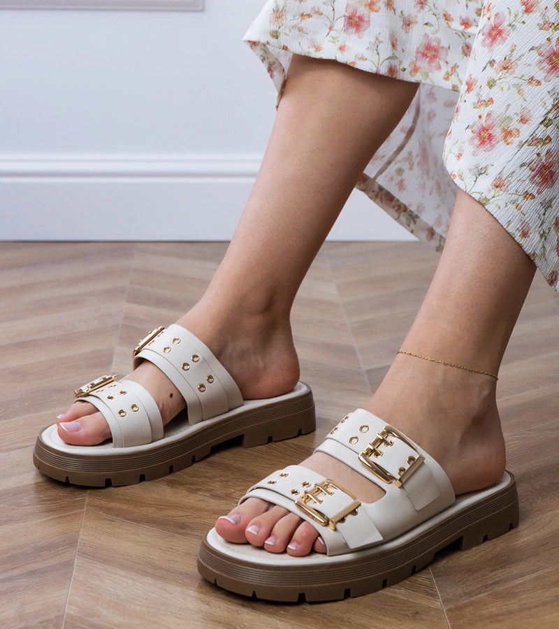 1-Béžové ploché pantofle s přezkami na páscích Liluna-1