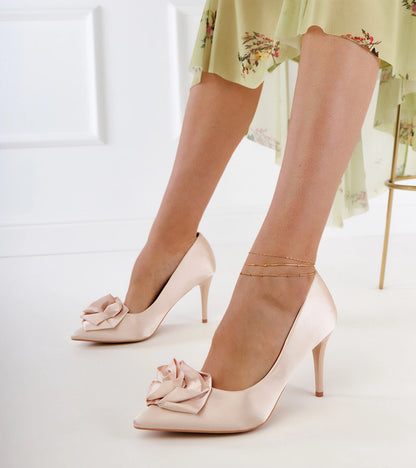 3-Béžové saténové lodičky s květinou Klerita-3