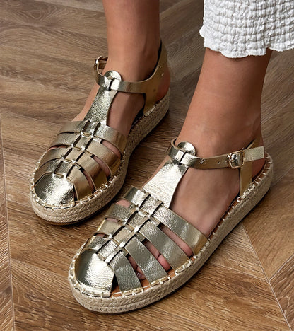 3-Zlaté sandály espadrilky gladiátorky z eko kůže Talejda-3