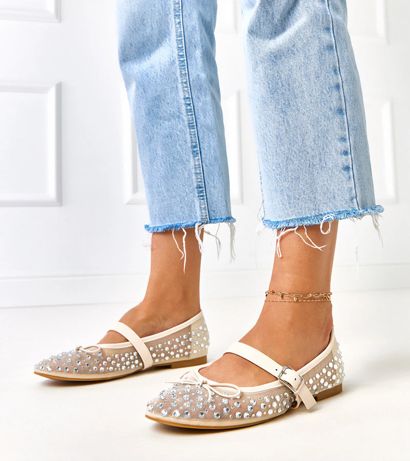 5-Béžové síťované baleríny s krystaly Elasida-5