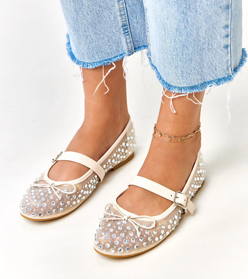 4-Béžové síťované baleríny s krystaly Elasida-4