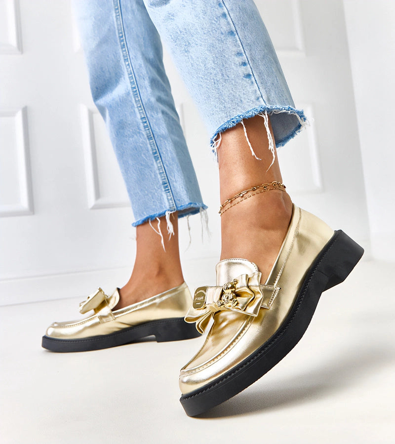 2-Zlaté mokasíny s mašlí a medvídkem Teriwa-2